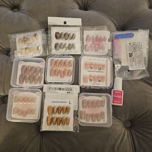 Assorted Custom Press-On Nail Sets with Nude, Pink and Gold Accents 9 Packs Sz L